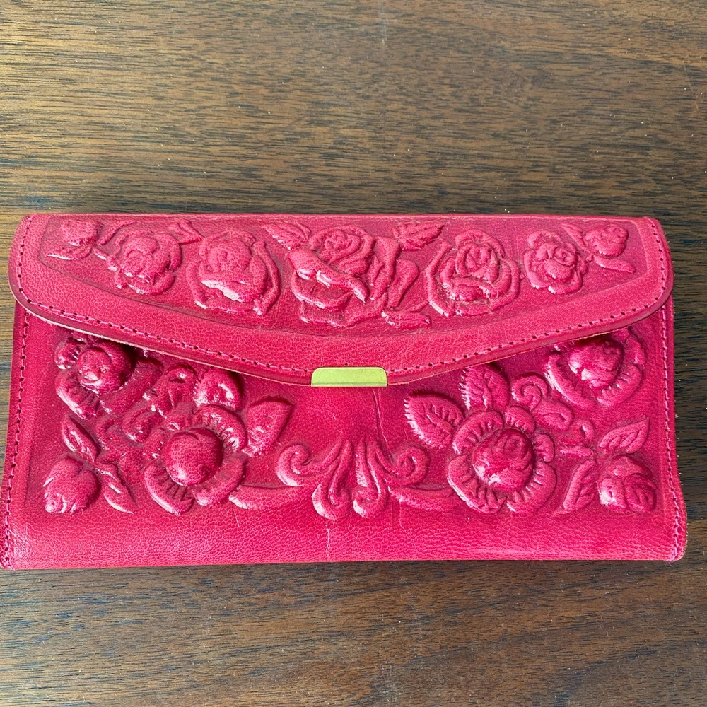 Mexican Embossed Leather Wallet in Dark Pink with Floral Pattern